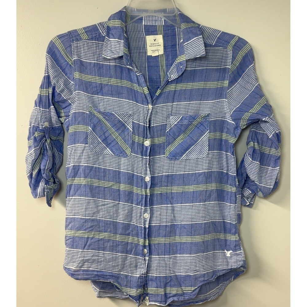 American Eagle | Blue/Green Vintage Boyfriend Striped Button Down | Size Medium